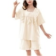 thumbnail image 1 of Cethrio Kids Girls Cotton Pajama Sets, Short Sleeve Ruffled Summer Soft Girls' Sleepwear Sets Beige Size 16, 1 of 5