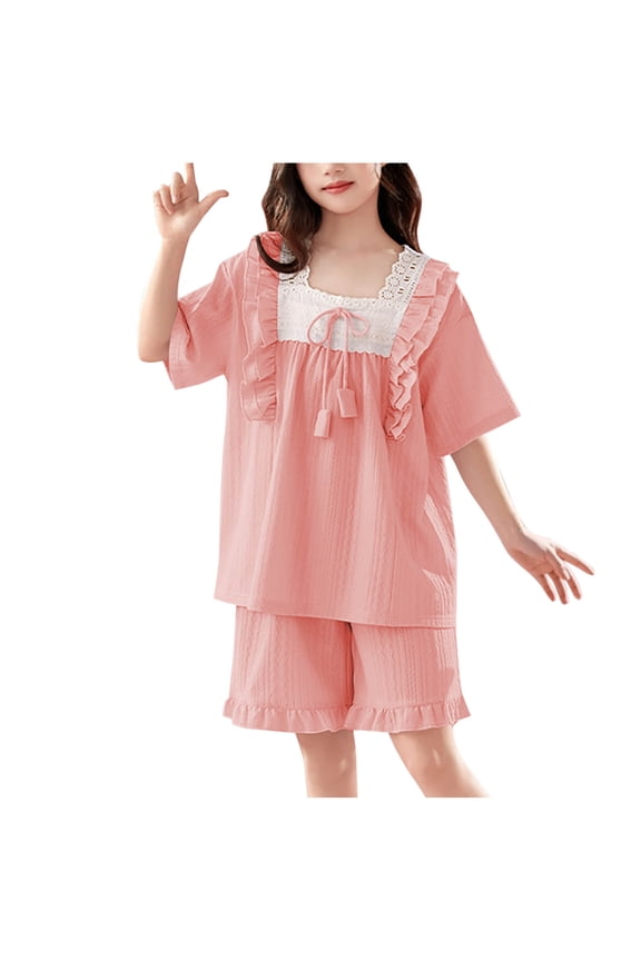 Kids Girls Cotton Pajama Sets, Soft Ruffled Summer Short Sleeve Girls' Sleepwear Sets Hot Pink Size 14-16