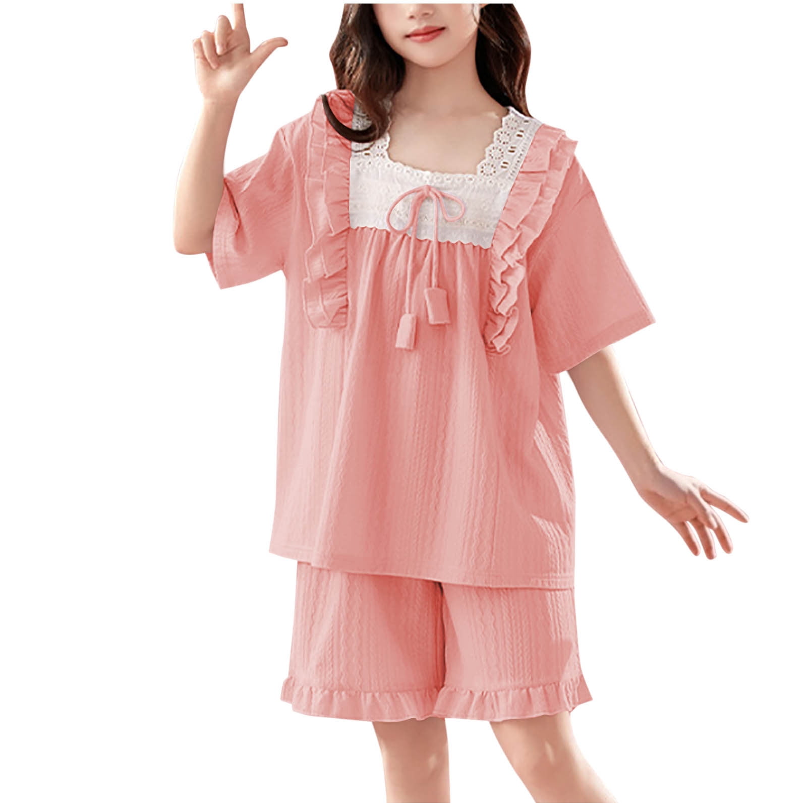 Cethrio Kids Girls Cotton Pajama Sets, Soft Summer Short Sleeve Ruffled ...