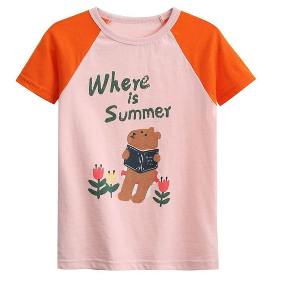 Cethrio Kids Girls Cotton T-shirts, Short Sleeve Casual Crewneck Printed Summer Tops Pink Size 3T