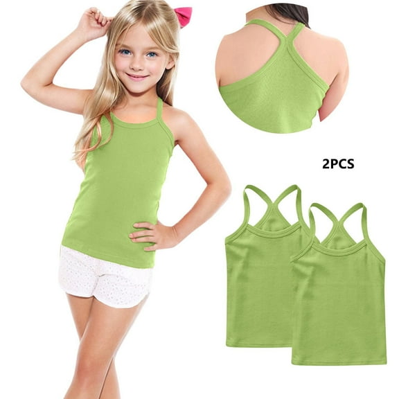 Cethrio Kids Girls Cotton Tank Tops, Backless Sleeveless 2 Pack Solid Color Summer Tops Green Size 4T-5T