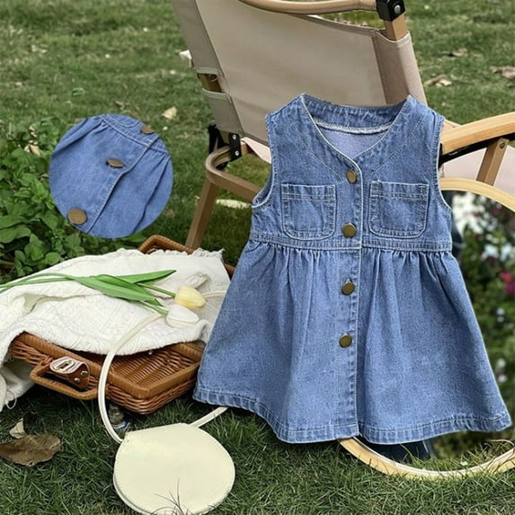 Cethrio Kids Girls Denim Dresses, Cotton Button-up Sleeveless Cute Summer Dress Blue Size 3T