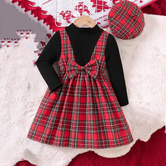 Wavsuf Toddler Girls Dress Sets, Cotton Long Sleeve Classic Plaid Fashion Princess Dress with Hat Red