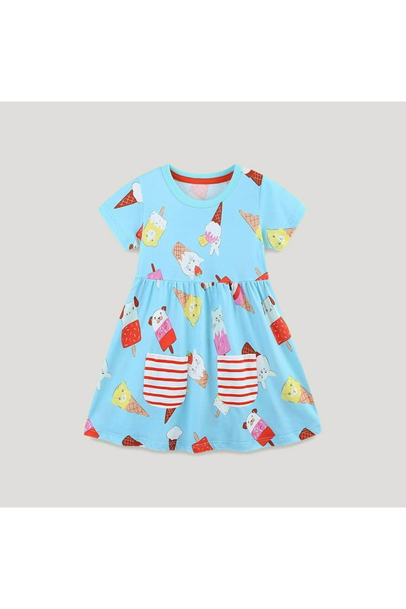 Kids Girls Dresses, Cotton Printed Short Sleeve Casual Summer Dresses Light Blue Size 4 T