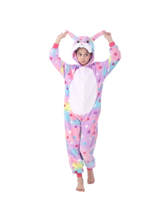 Kids Girls Fleece Jumpsuits, Costumes One Piece Cosplay Hooded Onesie Pajamas Purple Size 5-6 T
