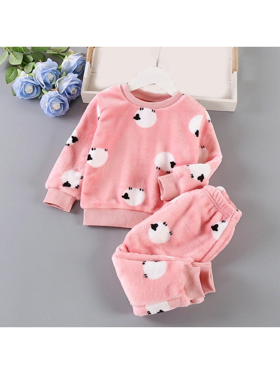 Kids Girls Fleece Pajama Sets, Warm Winter 2-Piece Outfit Set Pink Size 2-3 T