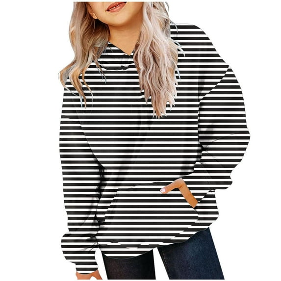 Cethrio Kids Girls Hoodies Sweatshirts, Pullover Stripe Long Sleeve Kids Tops Black Size 5-6 T