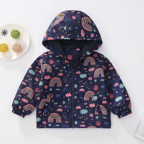 Cethrio Kids Girls Jackets with Zipper, Printed Long Sleeve Hooded Lightweight Fall Outerwear Navy Size 3-4 T