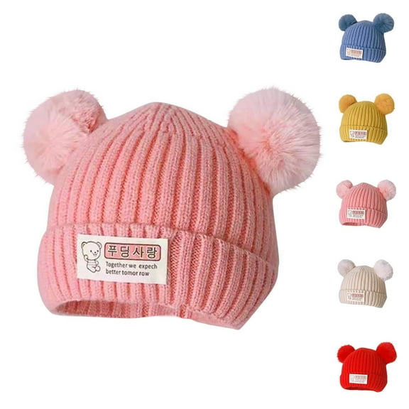 Cethrio Kids Girls Knitted Hats, Soft Thermal Stretchy Winter Beanies with Pompom Pink Size 1-6T