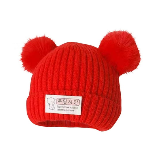 Cethrio Kids Girls Knitted Hats, Winter Stretchy Thermal Soft Beanies with Pompom Red Size 1-6T