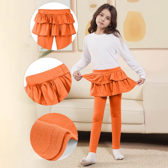 Cethrio Kids Girls Leggings with Skirts, Stretchy Casual Elastic Waist Soft Dancing Pants Orange Size 3-4 T