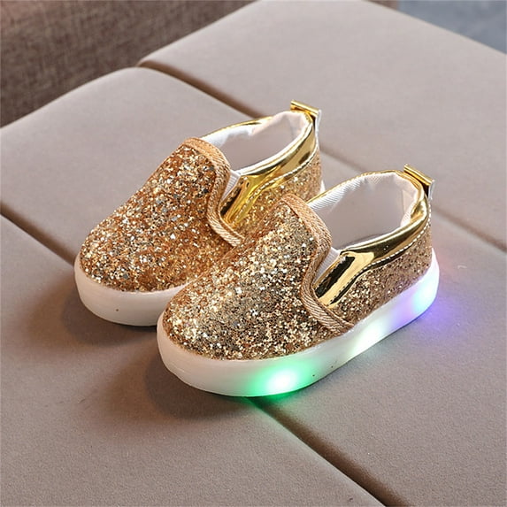 Cethrio Kids Girls Light Up Sneakers, Casual Lightweight Cotton Flat Athletic Shoes Gold Size 8(US)