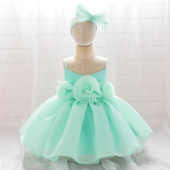 Wavsuf Toddler Girls Net Yarn Mesh Flower Ruffles Birthday Party Gown Long Dresses Bow Hair Set Green Size 4 Years