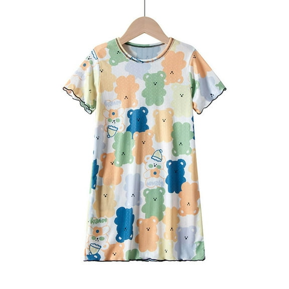 Cethrio Kids Girls Nightgowns, Short Sleeve Comfy Printed Summer Sleepshirts Sleep Dresses Multicolor Size 7-8 T