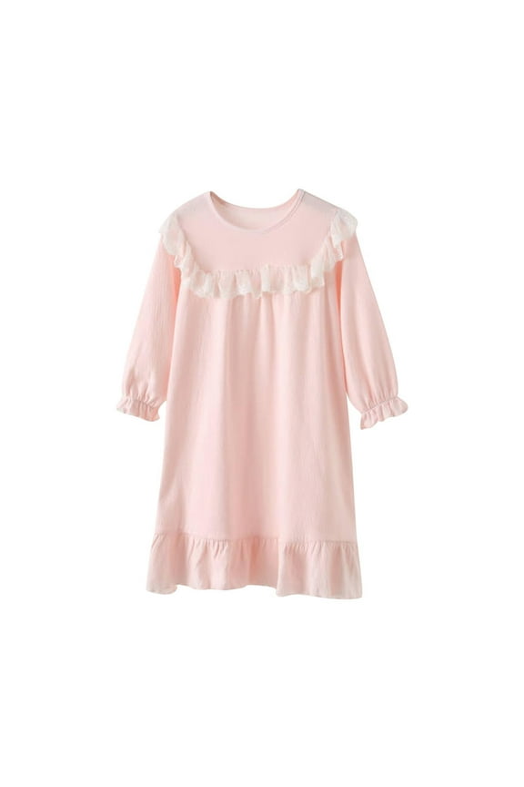 Kids Girls Nightgowns Size 7-8 T, Casual Cotton Soft Long Sleeve Sleepshirts Sleepdresses Pink