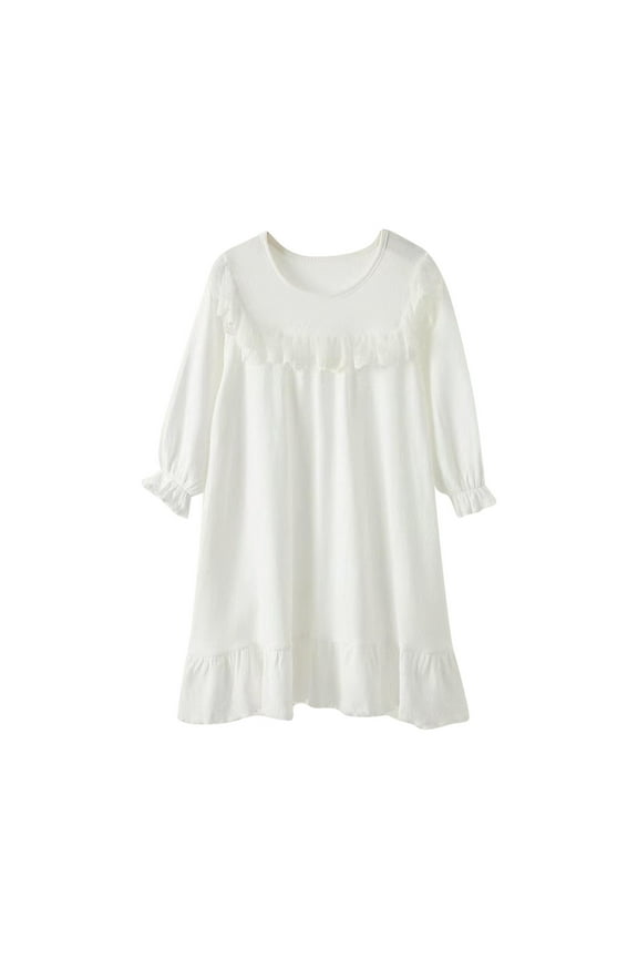 Kids Girls Nightgowns, Soft Long Sleeve Cotton Casual Sleepshirts Sleepdresses White Size 5-6 T