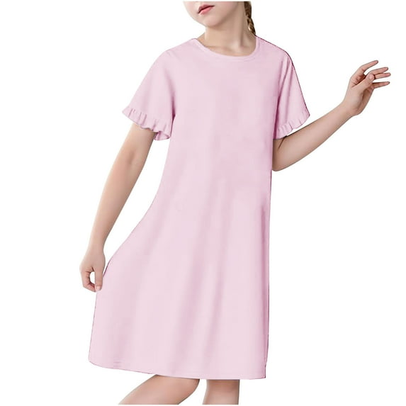 Cethrio Kids Girls Nightgowns, Summer Soft Short Sleeve Casual Sleep Dresses Pink Size 7-8 T