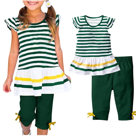 Cethrio Kids Girls Outfit Set, Flutter Sleeve Elastic Waist Stripe T-Shirts&Shorts Sets Green Size 1 T