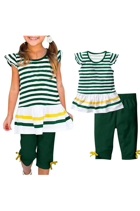 Kids Girls Outfit Set, Flutter Sleeve Elastic Waist Stripe T-Shirts&Shorts Sets Green Size 1 T