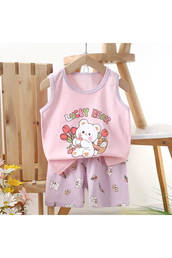 Kids Girls Outfit Set, Sleeveless Soft Cotton Tank Tops and Shorts Sets Pink Size 2 T