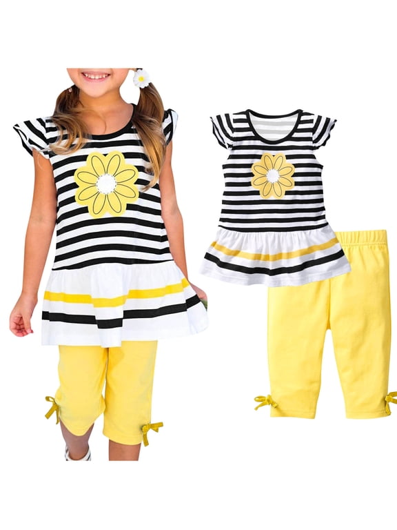 Kids Girls Outfit Set, Stripe Elastic Waist Flutter Sleeve T-Shirts&Shorts Sets Black Size 3 T