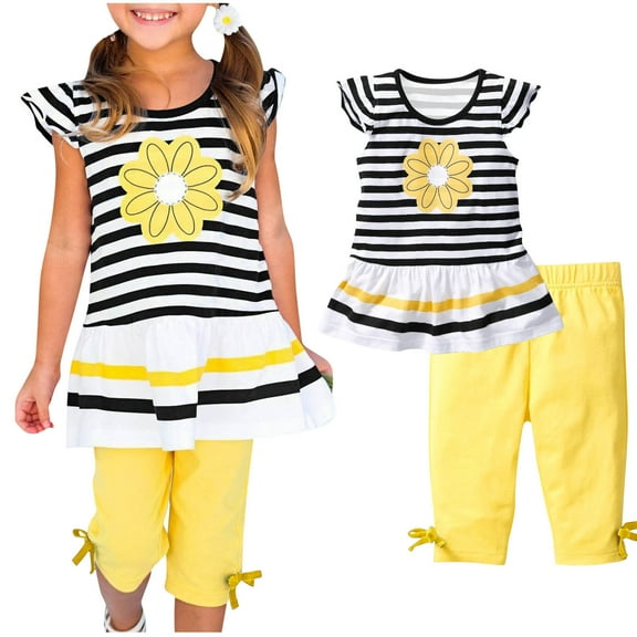 Cethrio Kids Girls Outfit Set, Stripe Elastic Waist Flutter Sleeve T-Shirts&Shorts Sets Black Size 3 T