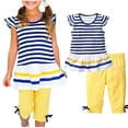 thumbnail image 1 of Cethrio Toddler Girls Outfit Set, Stripe Elastic Waist Flutter Sleeve T-Shirts&Shorts Sets Blue Size 7 T, 1 of 5