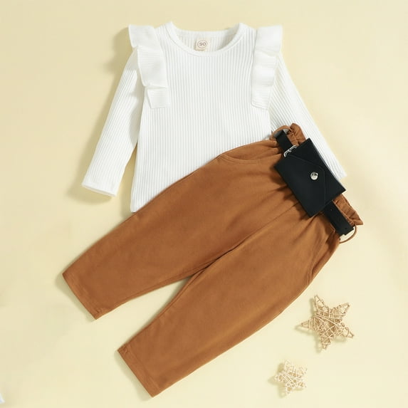 Cethrio Toddler Girls Outfit Sets, 2 Piece Long Sleeve Cotton Tops and Pants Set White Size 12Months