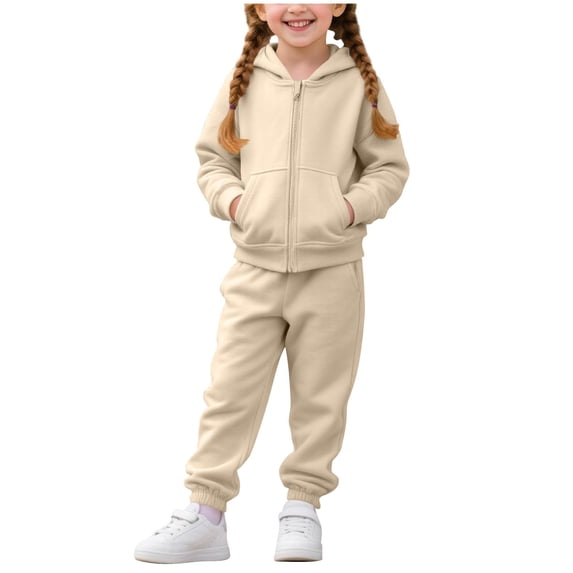 Cethrio Kids Girls Outfit Sets, 2 Piece Warm Zipper Long Sleeve Hoodies and Sweatpants Sets Khaki Size 2-3T