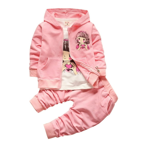 Cethrio Toddler Girls Outfit Sets, 3 Piece Long Sleeve Printed Hoodies with Sweatpants Sets Pink Size 3-4T
