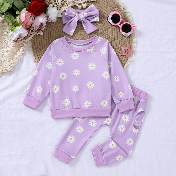 Cethrio Toddler Girls Outfit Sets, Casual 3 Piece Long Sleeve Sweatshirts and Sweatpants Sets Purple Size 5-6T
