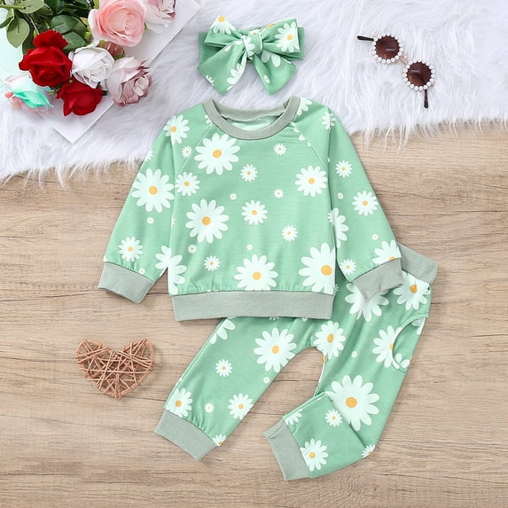 Cethrio Toddler Girls Outfit Sets, Casual Long Sleeve 3 Piece Sweatshirts and Sweatpants Sets Mint Green Size 3-4T