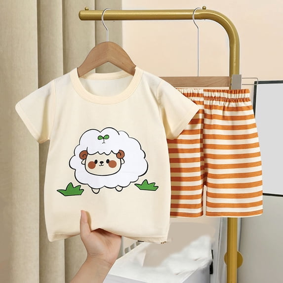 Cethrio Toddler Girls Outfit Sets, Cotton Cute Short Sleeve Casual Shirt Top and Shorts Suits Beige Size 1 T