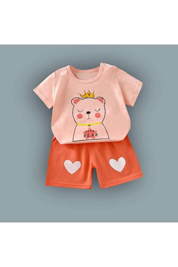 Kids Girls Outfit Sets, Crewneck Cotton 2 Piece Shirts and Shorts Sets Pink Size 4-5 T