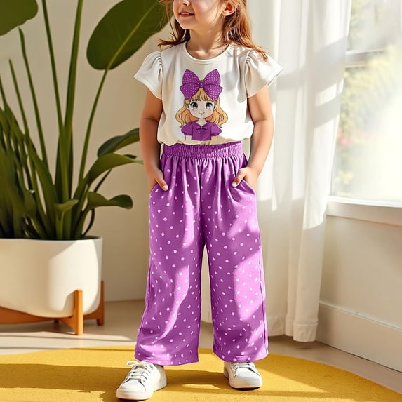 Cethrio Kids Girls Outfit Sets, Flutter Sleeve Summer Cotton T-shirts with Pants Sets Purple Size 4T