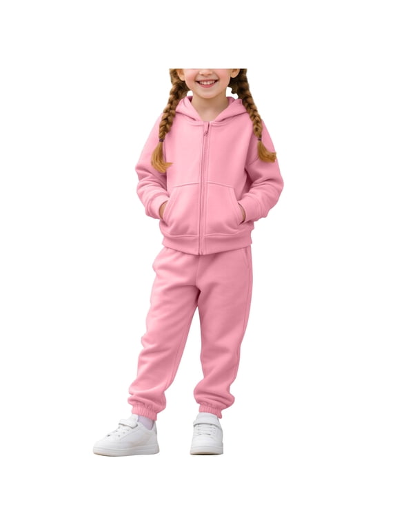 Kids Girls Outfit Sets, Long Sleeve Zipper Warm 2 Piece Hoodies and Sweatpants Sets Pink Size 1-10T