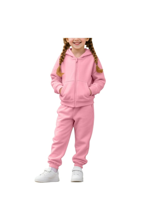 Kids Girls Outfit Sets, Long Sleeve Zipper Warm 2 Piece Hoodies and Sweatpants Sets Pink Size 1-10T