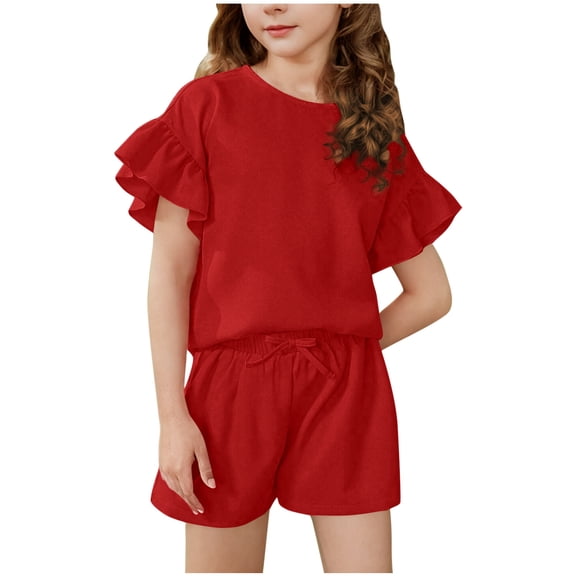 Cethrio Kids Girls Outfit Sets, Ruffle Sleeve Relaxed Fit 2 Piece T-shirts & Shorts Set Red Size 4-5T