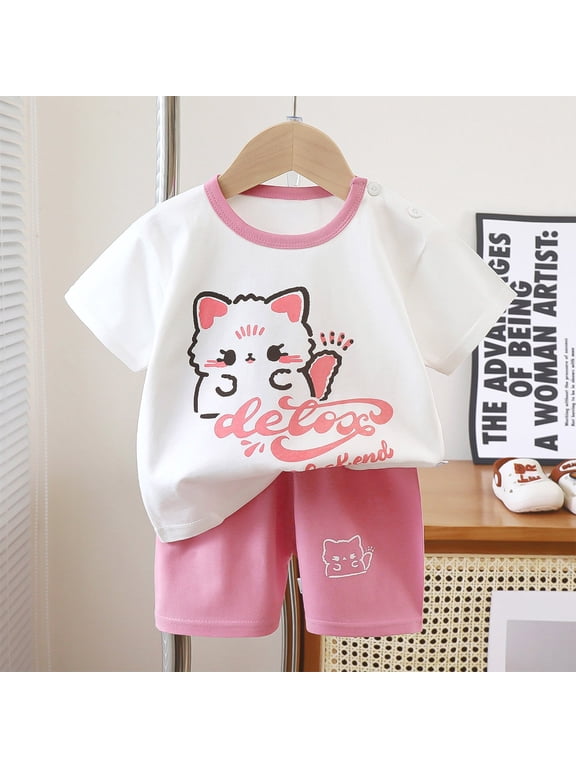 Kids Girls Outfit Sets, Short Sleeve Cotton Summer Shirts and Shorts Sets Pink Size 5-6 T