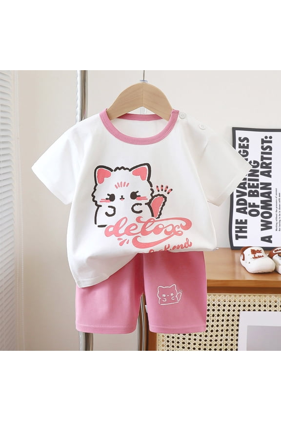 Kids Girls Outfit Sets, Short Sleeve Cotton Summer Shirts and Shorts Sets Pink Size 5-6 T