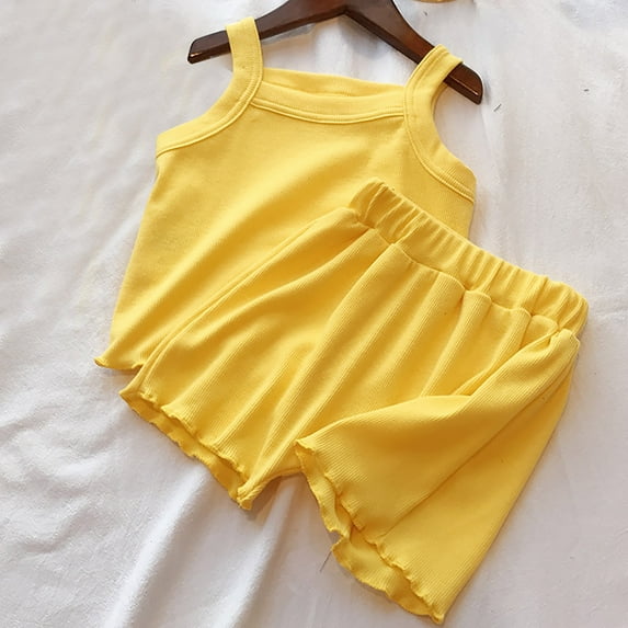 Cethrio Kids Girls Outfit Sets, Solid Color Summer Sleeveless Shirts and Shorts Set Yellow Size 4-5 T