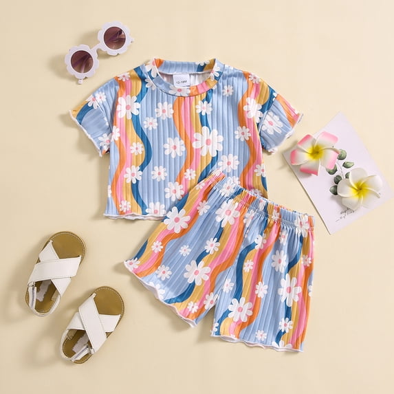 Cethrio Toddler Girls Outfit Sets, Summer Print Cotton Shirts and Shorts Sets Blue Size 3-4 T