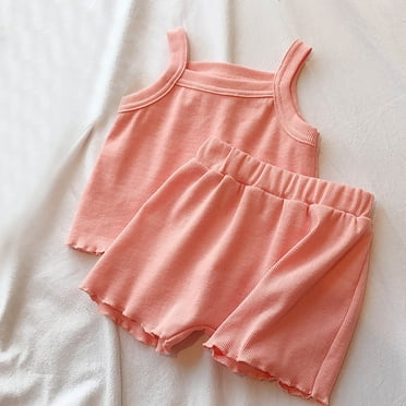 Cethrio Toddler Girls Outfit Sets, Summer Solid Color Sleeveless Shirts and Shorts Set Pink Size 2-3 T