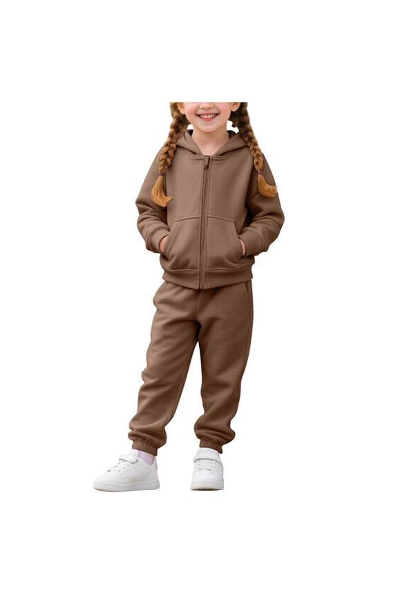 Kids Girls Outfit Sets, Zipper Long Sleeve 2 Piece Warm Hoodies and Sweatpants Sets Brown Size 2-3T