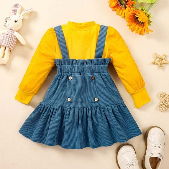 Wavsuf Toddler Girls Outfits, Fashion Cute Solid Color Long Sleeve Pullover Top Suspender Skirt Kids Casual 2-Piece Sets Blue