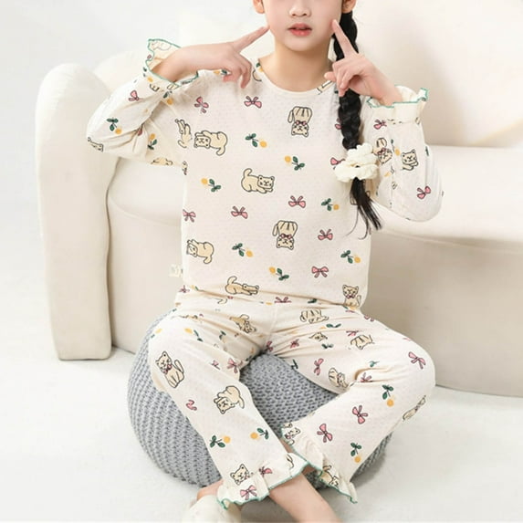 Cethrio Kids Girls Pajama Sets, 2 Piece Thin Long Sleeve Summer Sleepwear Sets White Size 7-8 T