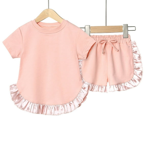Cethrio Toddler Girls Pajama Sets, Casual Cotton Short Sleeve Solid Color Loungewear Clothes Orange Size 4 T