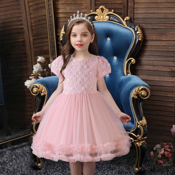 Cethrio Toddler Girls Party Princess Dress, Short Sleeve Fashion Mesh Embroidery Pageant Dresses Pink Size 2-3 T
