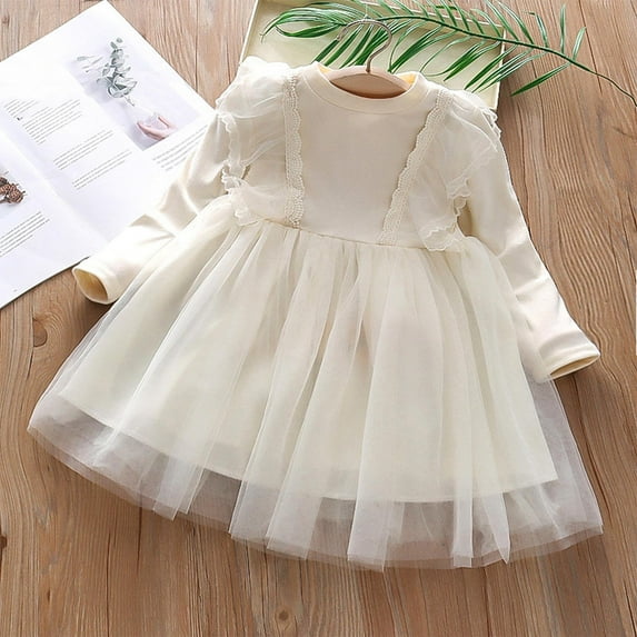Cethrio Toddler Girls Princess Dresses, Long Sleeve Party Cotton Mesh Fall Dress White Size 3 T
