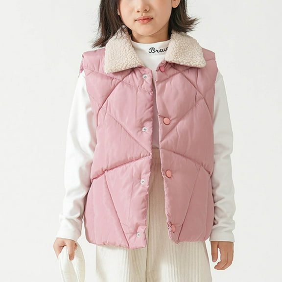 Cethrio Kids Girls Puffer Vests with Buttons, Lapel Collar Sleeveless Lightweight Thermal Winter Outerwear Vests Pink Size 3-4T